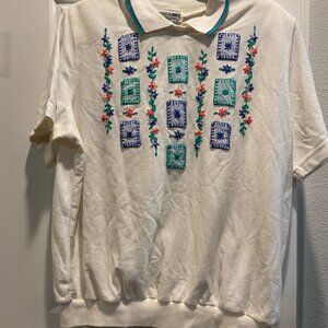 VTG Alfred Dunner Women's Collered Short Sleeve Shirt Size 1x Floral Embroidery